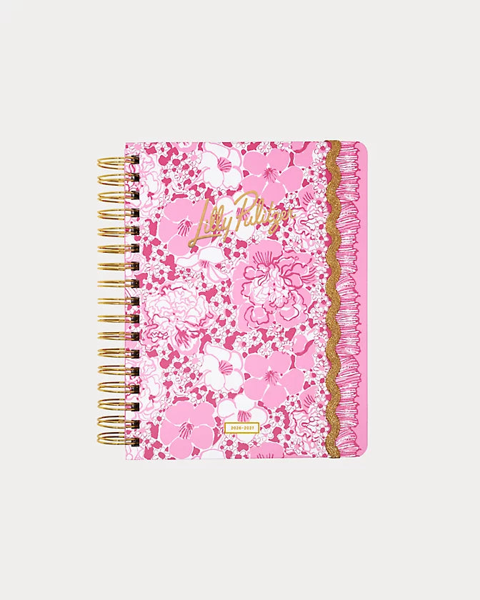 Pink floral Lilly Pulitzer 2026-2027 17 Month Large Agenda Color in Conch Shell Pink Burst Of Joy