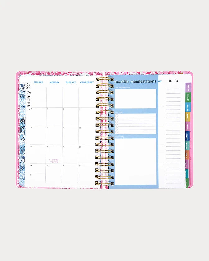 Pink floral Lilly Pulitzer 2026-2027 17 Month Large Agenda Color in Conch Shell Pink Burst Of Joy
