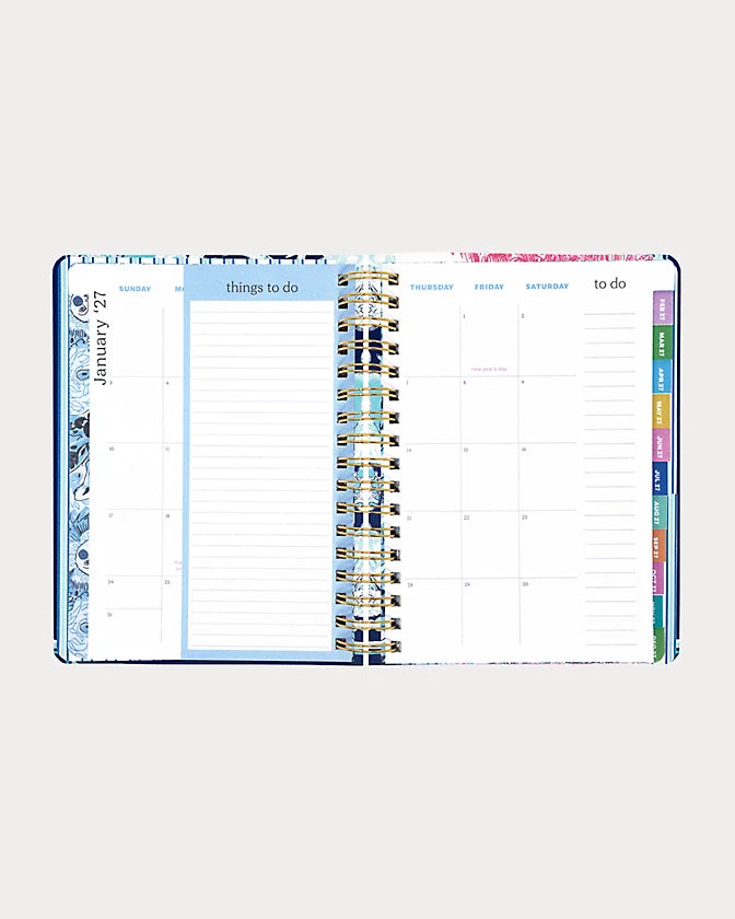 Lilly Pulitzer 2026-2027 17 Month Large Agenda Resort White Shell Shine print with floral shell design and gold accents