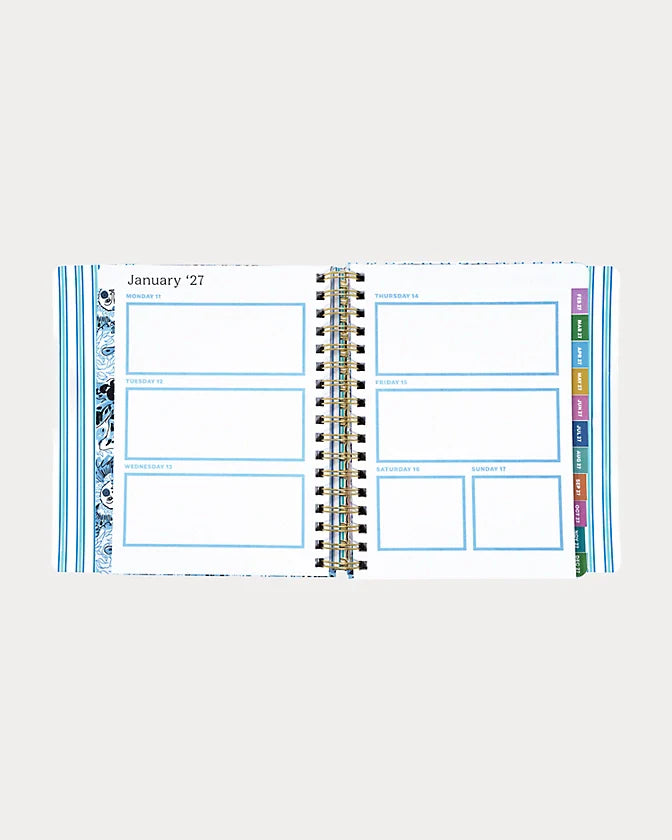 Navy blue Lilly Pulitzer 2026-2027 17 Month Leatherette Agenda with white shell patterns in Resort White Shell Shine