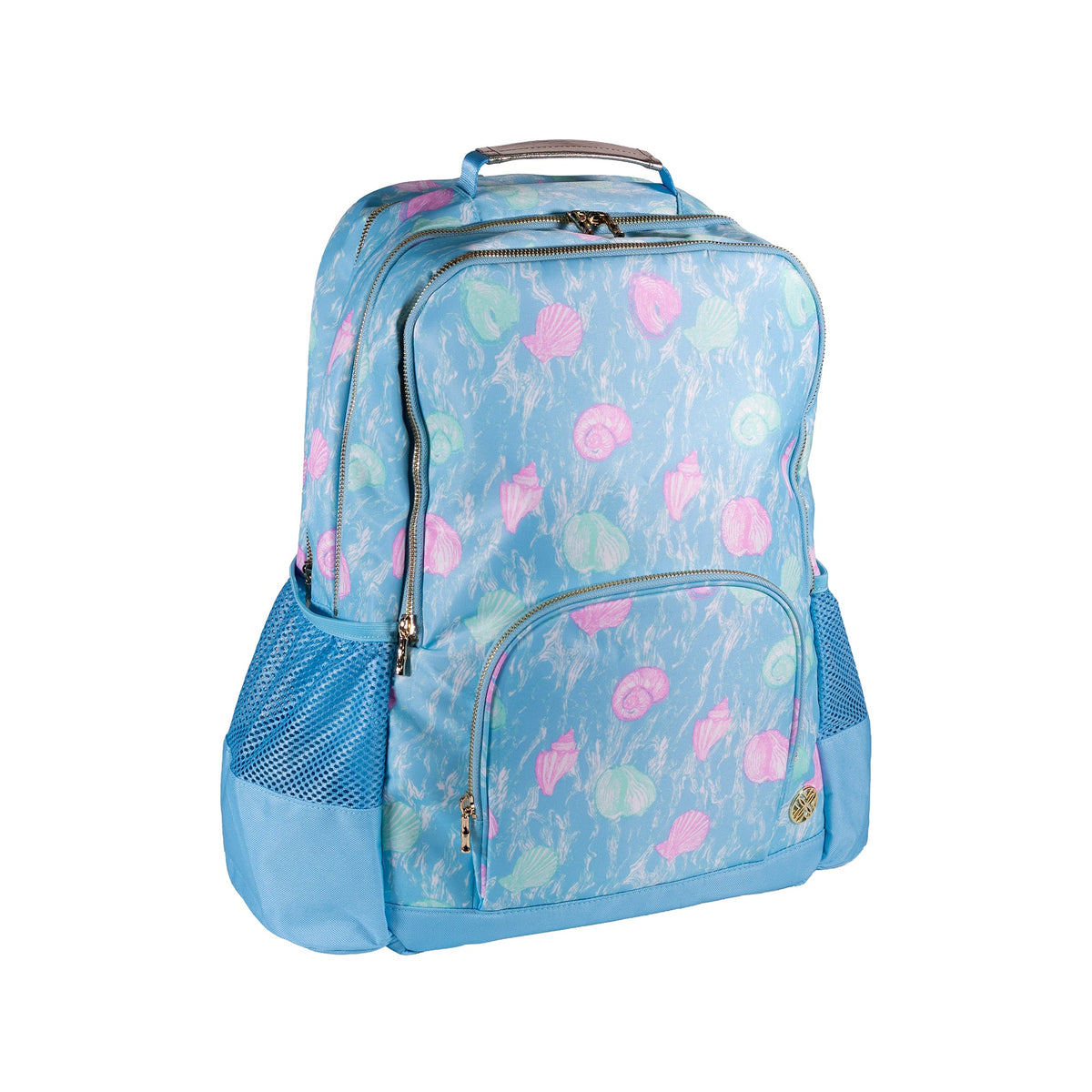 Lilly Pulitzer Book Bag in Capri Blue Shelden Blue backpack with pink and green shell pattern