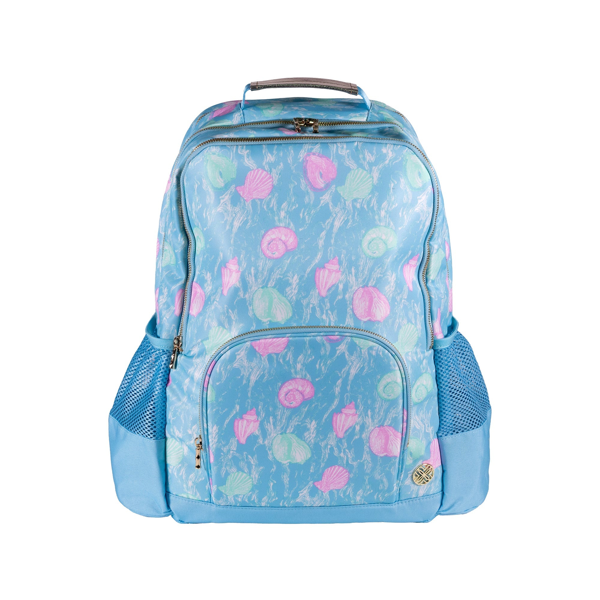 Lilly Pulitzer Book Bag in Capri Blue Shelden Blue backpack with pink and green shell pattern