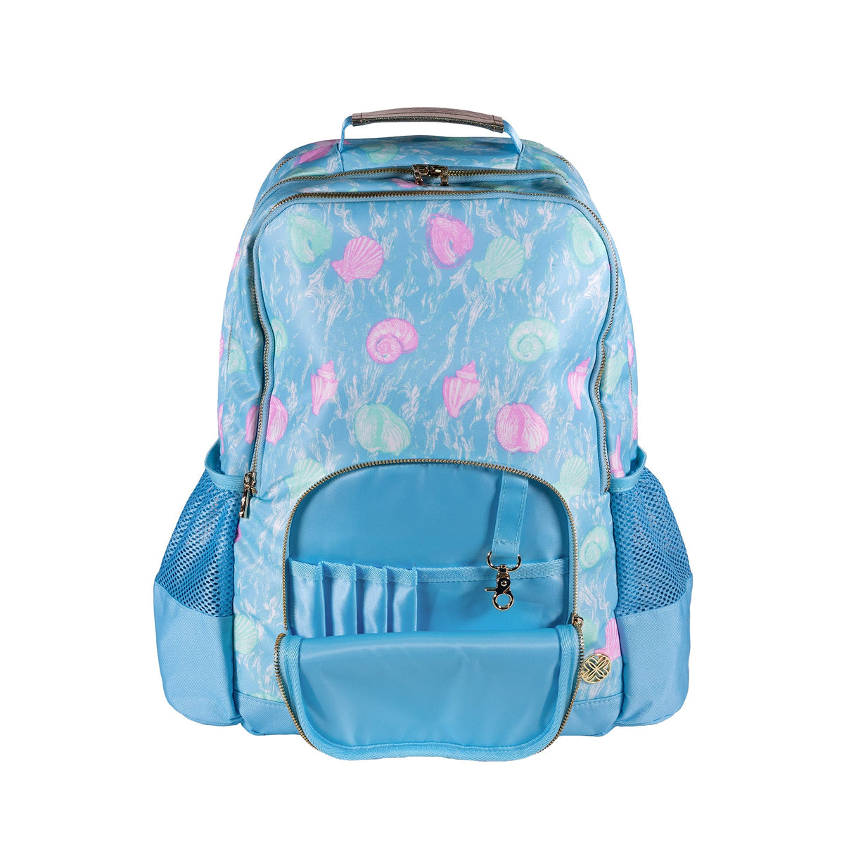 Lilly Pulitzer Book Bag in Capri Blue Shelden Blue backpack with pink and green shell pattern