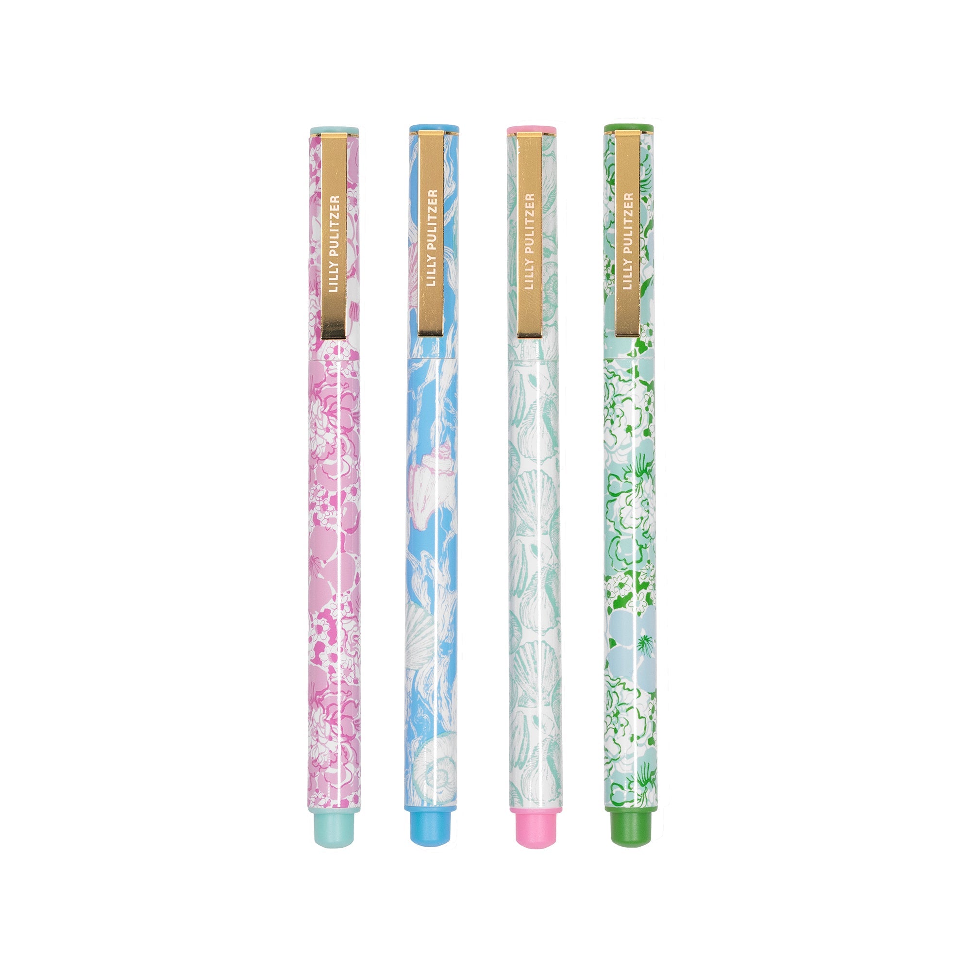Lilly Pulitzer Felt Tip Pen Set of 4 floral-patterned pens with colored caps and bases