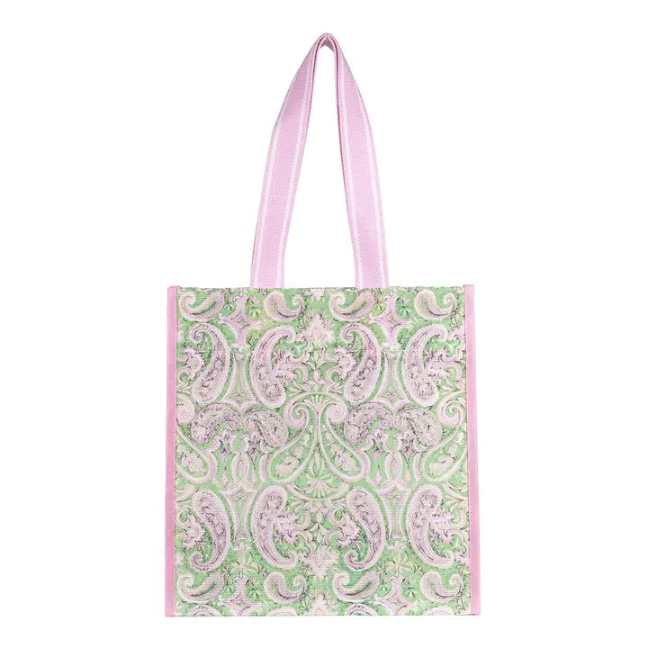 Lilly Pulitzer Mesh Market Bag, Estoril a rectangular tote bag with a light green and pink paisley pattern, featuring light pink handles and pink side trim