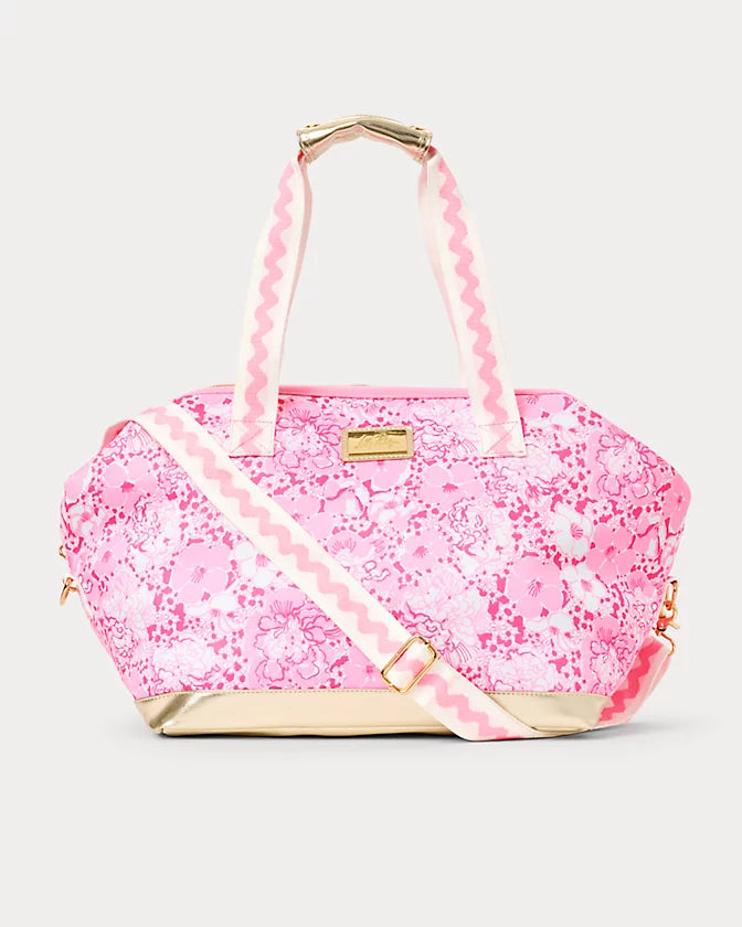 Lilly Pulitzer Neoprene Cooler Color: Conch Shell Pink Burst Of Joy Pink floral patterned handbag with gold accents