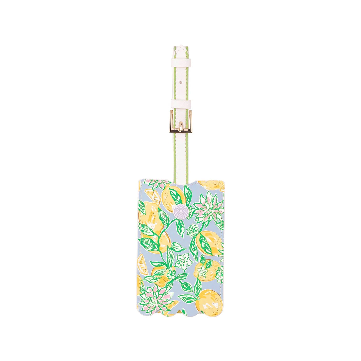 Luggage tag featuring a bright lemonade design by Lifeguard Press, with a clear strap for attaching to suitcases.