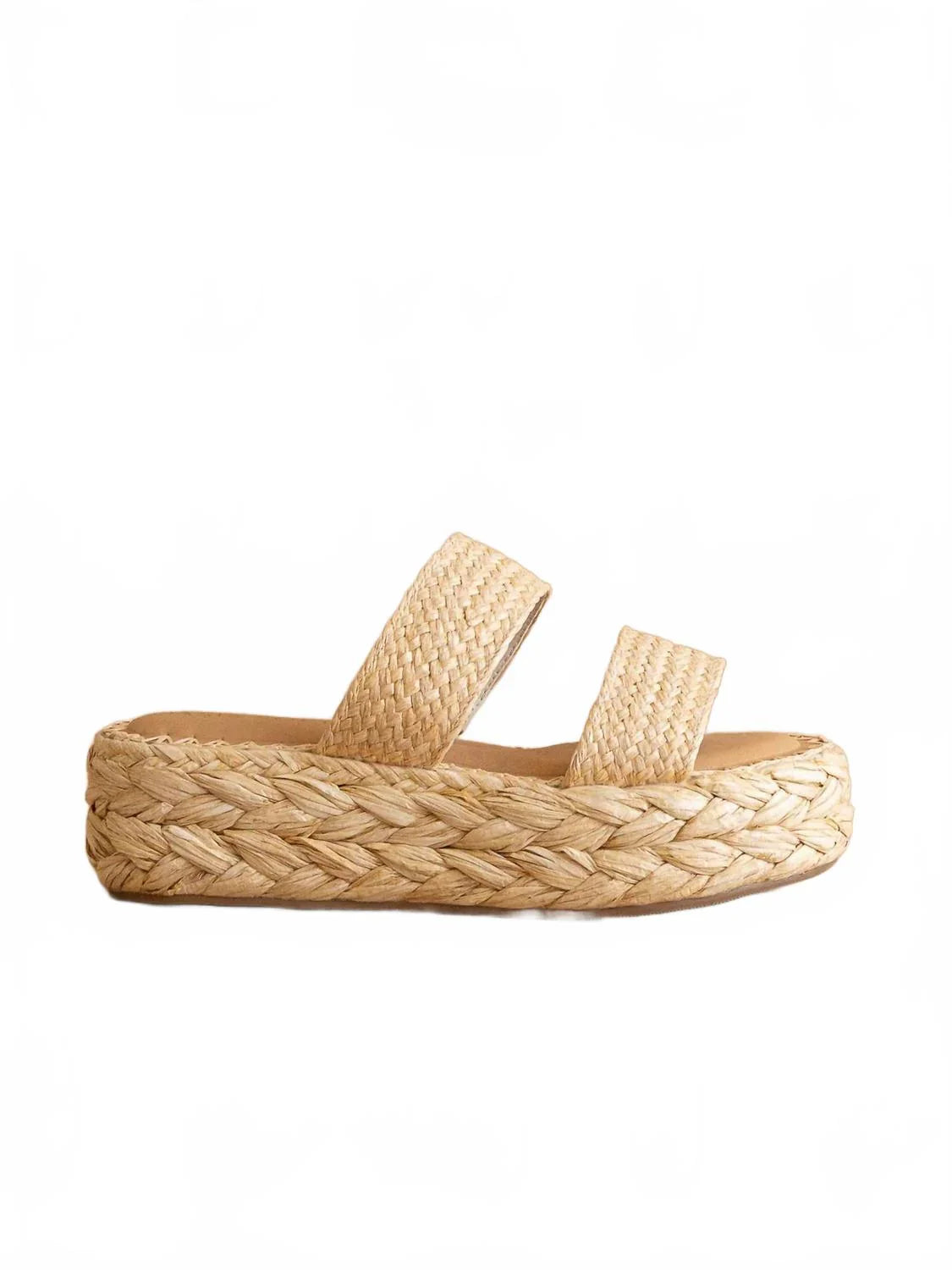 Woven sandal with a platform sole on a white background