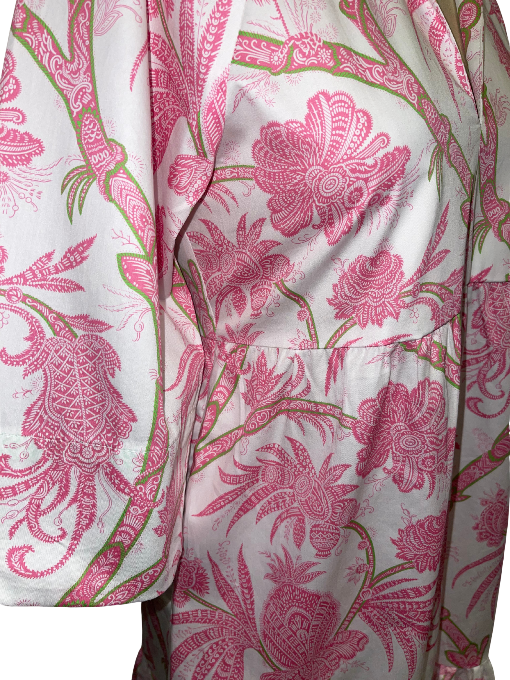 Close-up of a pink floral patterned fabric dress