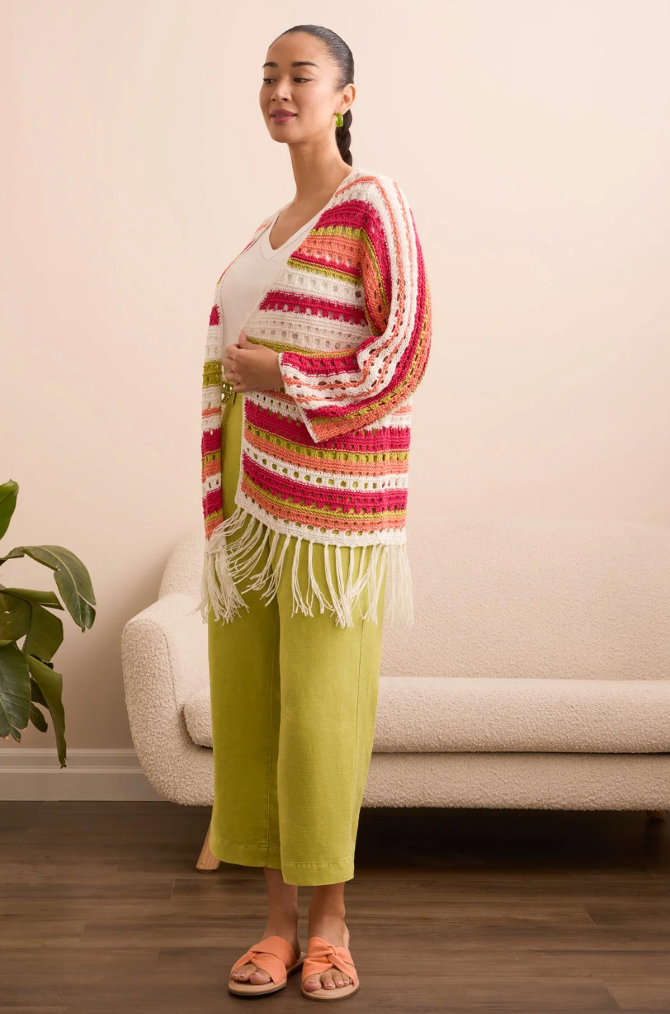 Tribal | 3/4 Slv Fringed Hem Open Stitc