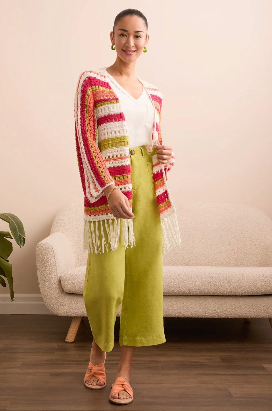 Tribal | 3/4 Slv Fringed Hem Open Stitc