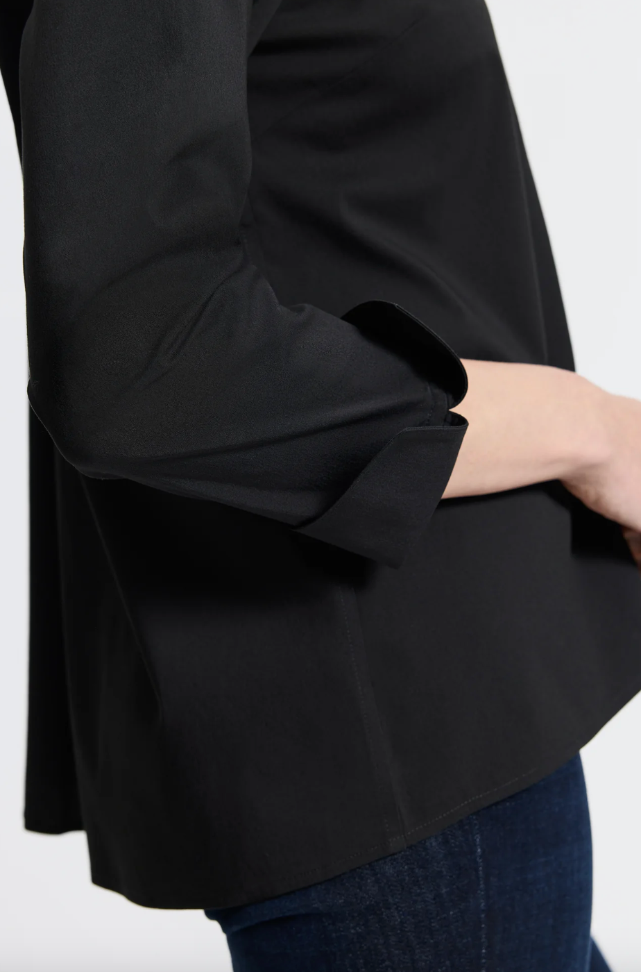 Black Agnes Sleeve Shirt by FOXCROFT, a stylish long-sleeve top with a relaxed fit and classic design, shown in the image.