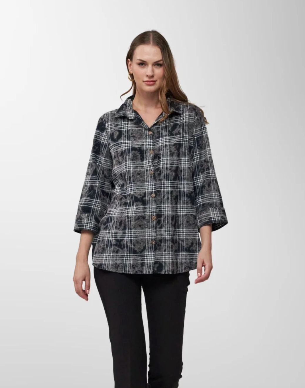 TOOFAN plaid top featuring a stylish checkered pattern, long sleeves, and a relaxed fit for casual wear.