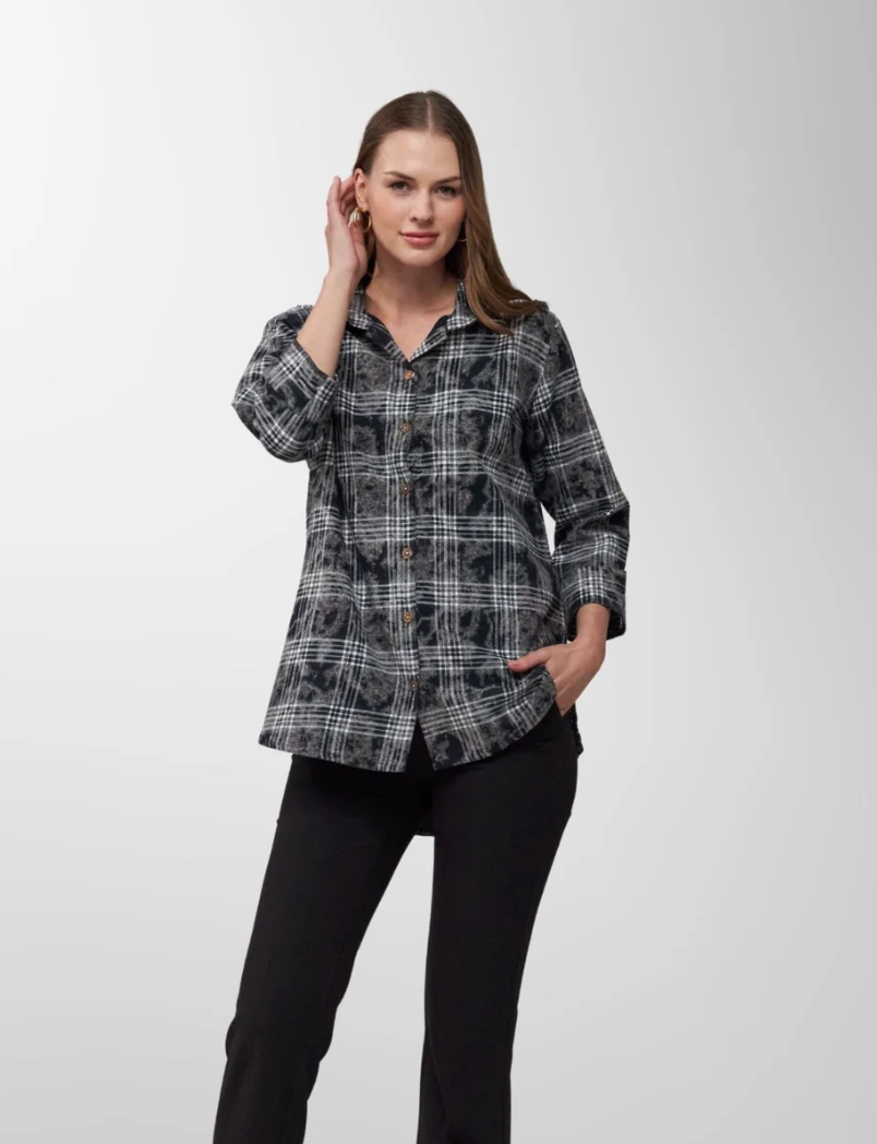 Toofan plaid top, stylish button-up blouse with a red and black checkered pattern, long sleeves, and collar detail.