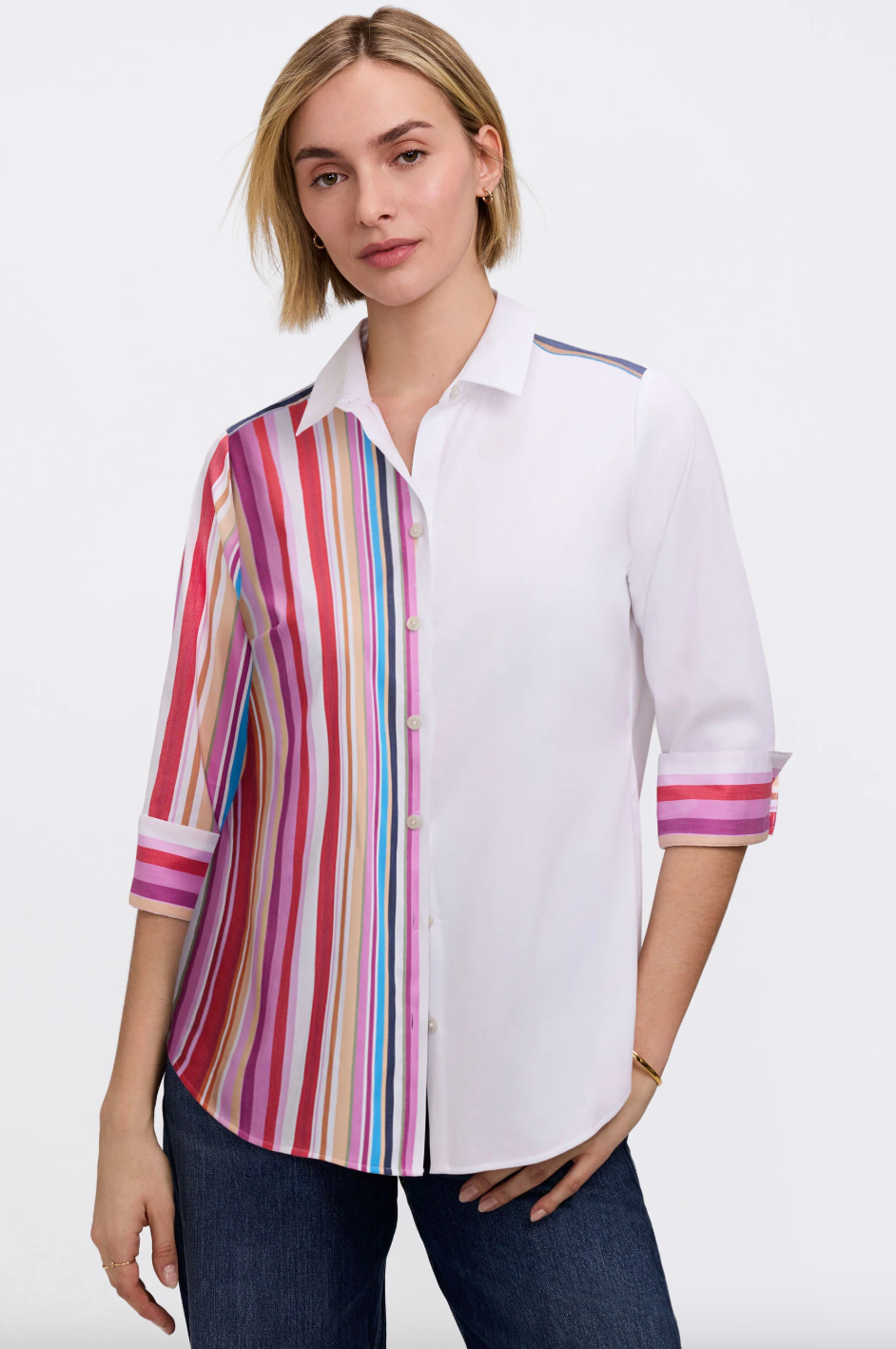 FOXCROFT Charlie Stripe Blouse, stylish tops with a classic striped design, shown on a model.