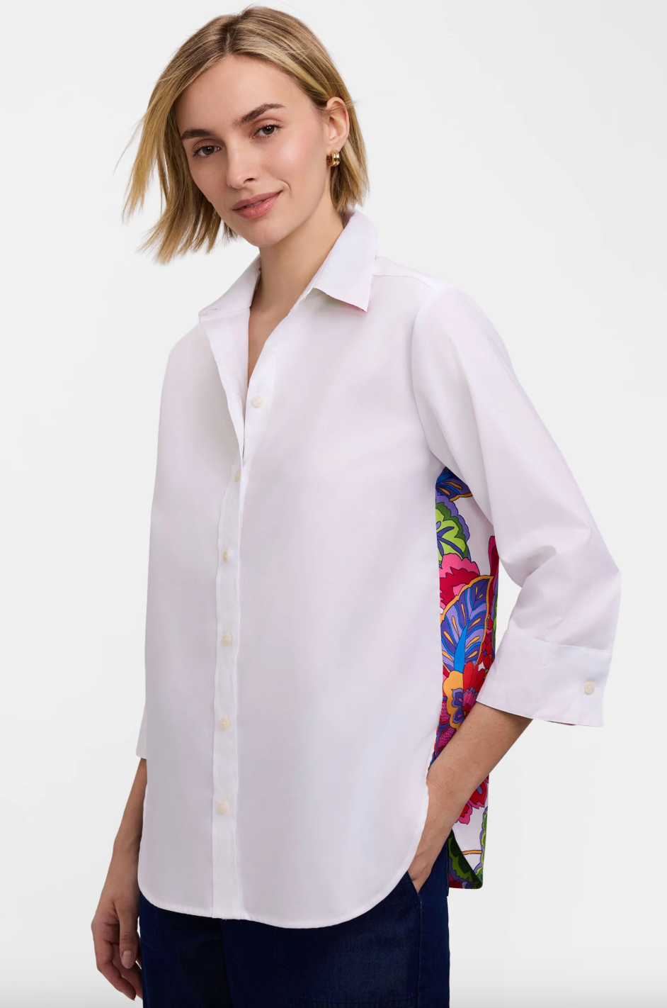 Light blue Megan 3/4 sleeve blouse by FOXCROFT, featuring a relaxed fit and subtle detailing, shown on a white background.