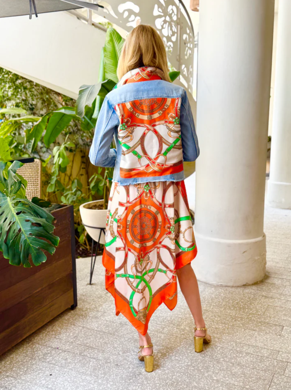 Orange Stirrup Print Denim Jacket