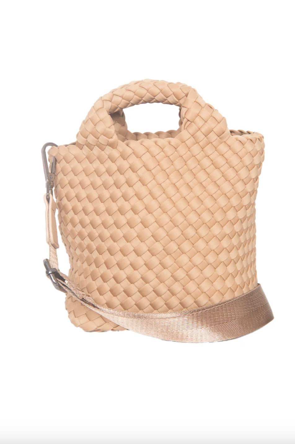 KATYDID neoprene braided clutch handbag with sleek design and zip closure, showcasing its textured braided pattern and compact size.