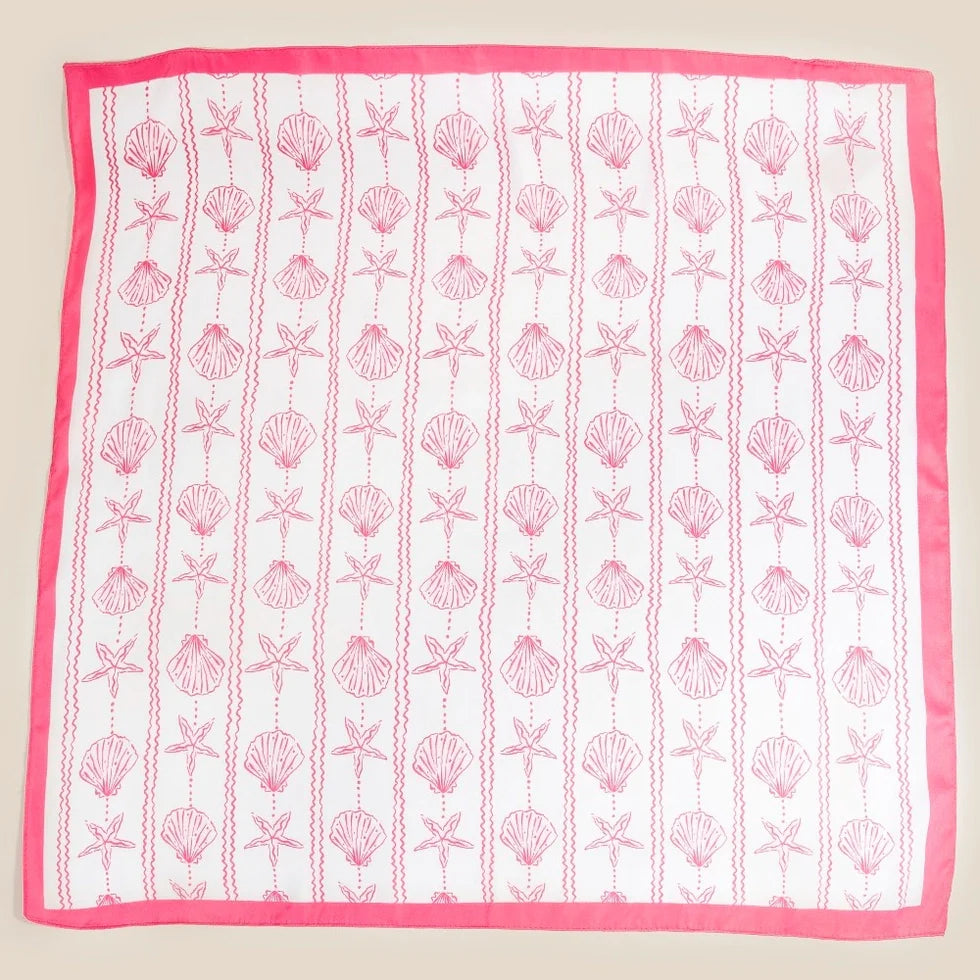 White Sealife Seashells and Starfish Bandana Scarf with pink shell patterns