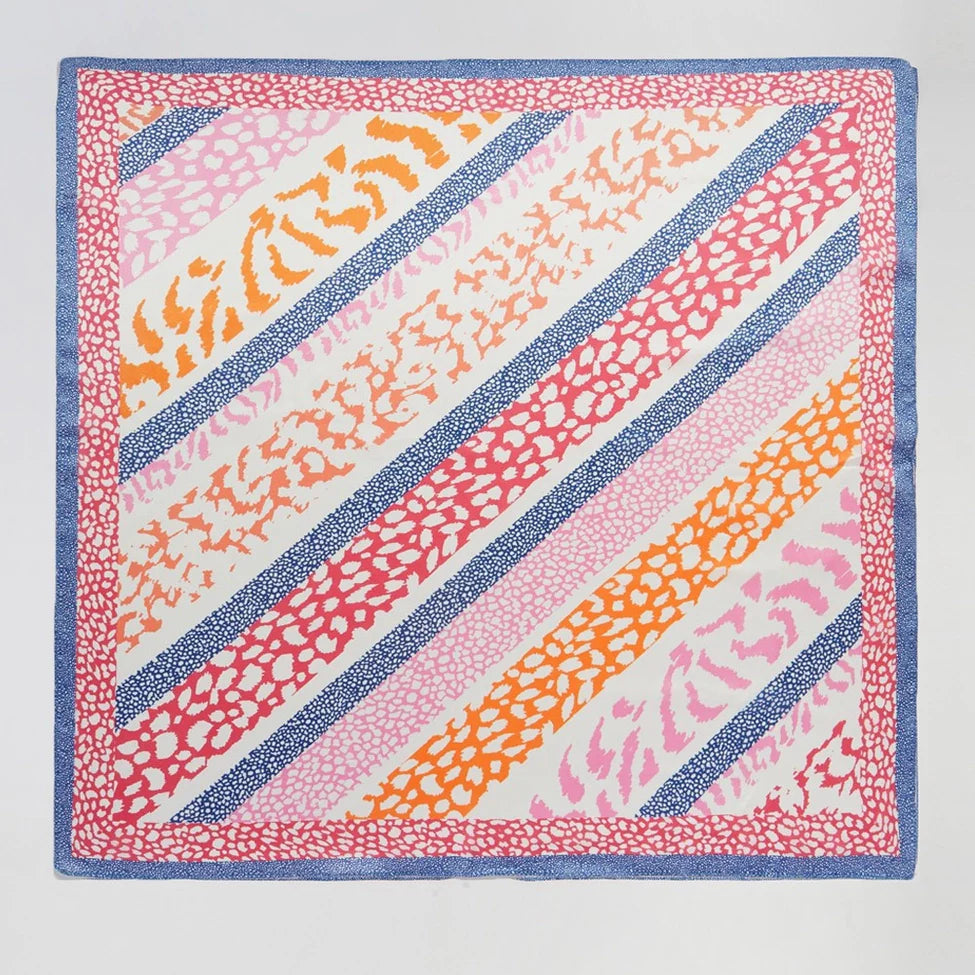 Colorful patterned scarfwith pink, orange, and blue design