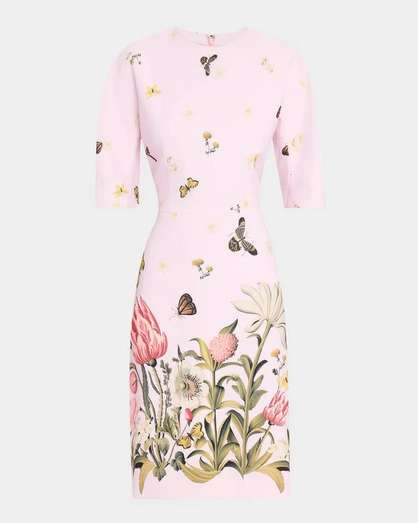Pink dress with floral and butterfly pattern