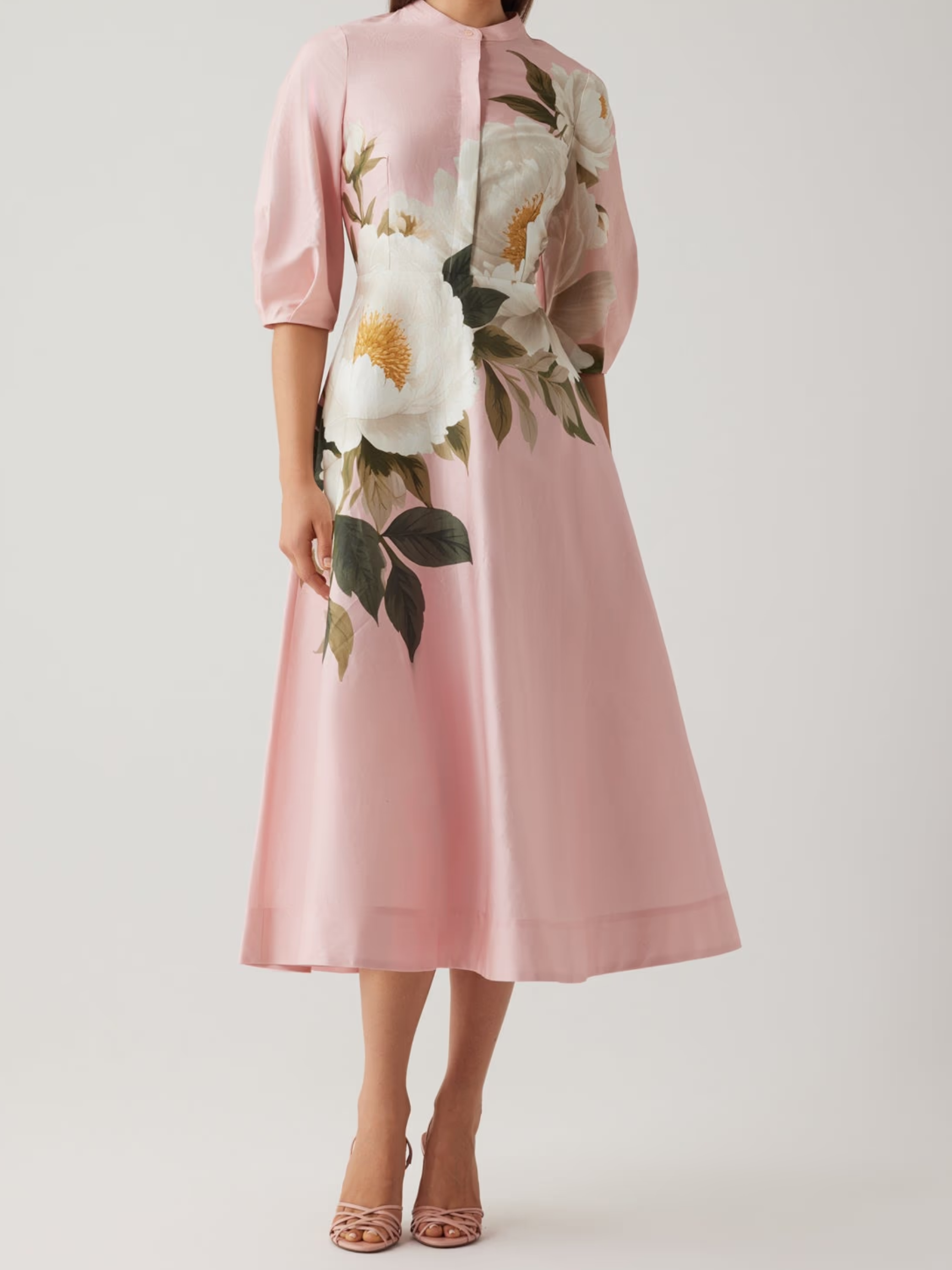 Teri Jon Pink Floral Cotton Print Mandarin Neck Puff Sleeve Full Skirt Dress pink dress with floral design on a white background