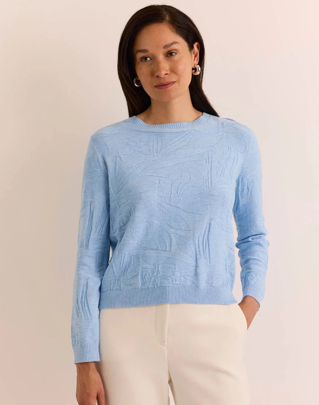 The H Edition Georgina Long Sleeve Sweater light blue floral textured knit sweater