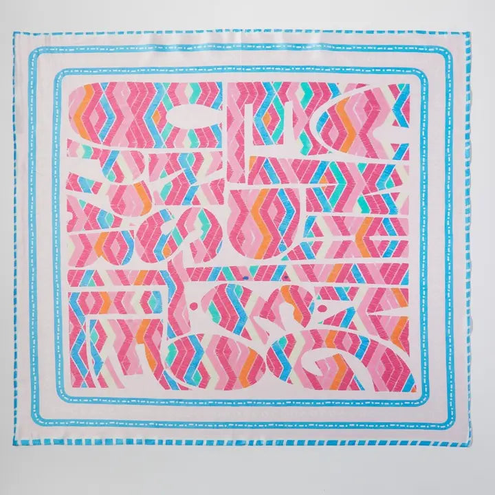 Colorful geometric patterned square bandana scarf with a blue border
