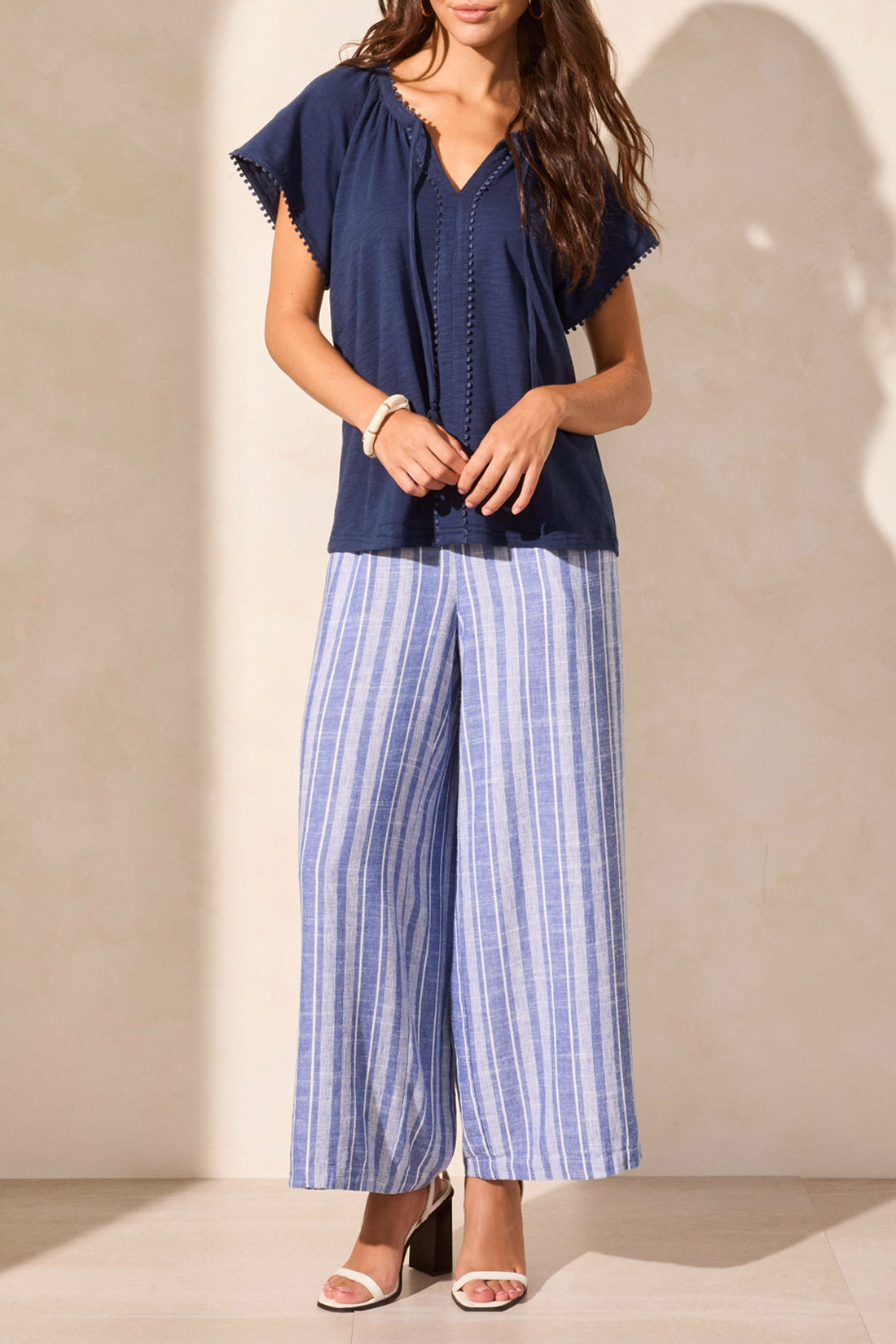 Tribal | S/s Split Neck Top W/tassel