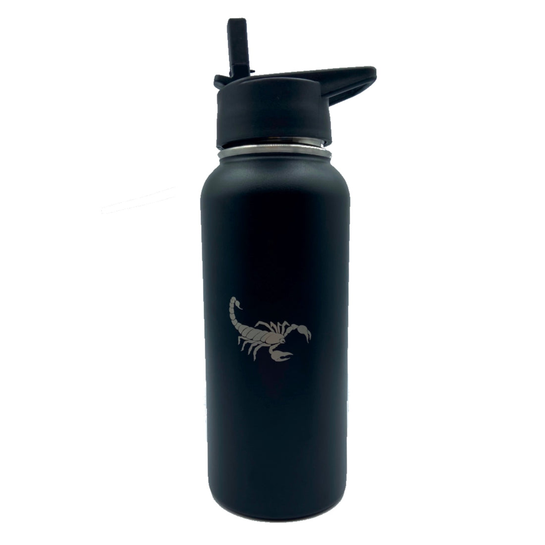 Scorpion Gear household water bottle with three different lids, clear plastic body, and ergonomic design for easy use.
