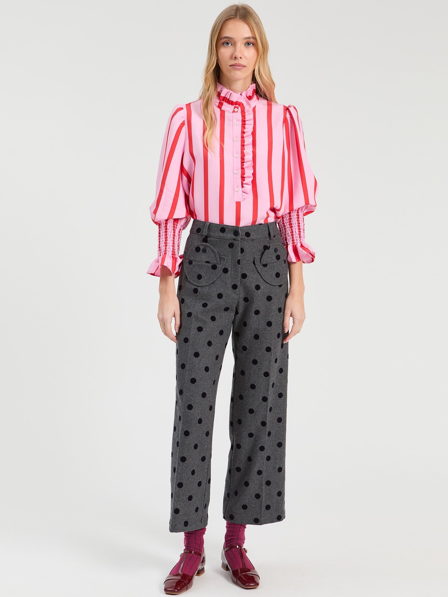 Vilagallo coral and white vertical striped blouse with high neck and front ruffle, style 33938, front view