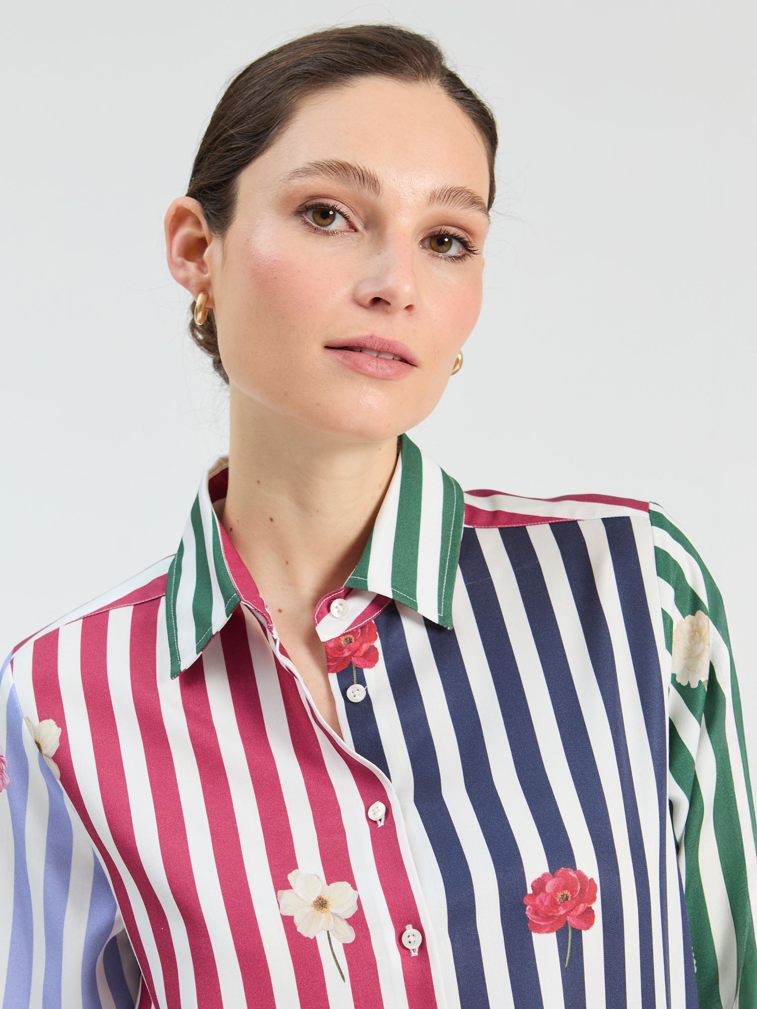 Vilagallo striped shirt style 33805 side view showing raised floral embroidery over multicolor stripe