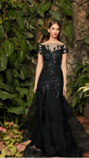 Daymor Couture long dress featuring elegant fabric and a flowing silhouette, shown in a front view image.