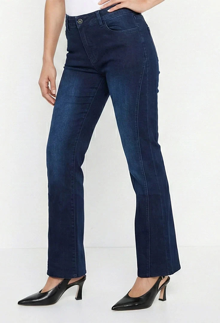 Ethyl On The Move Jean pants, stylish blue denim with a fitted design, shown in a front view on a neutral background.