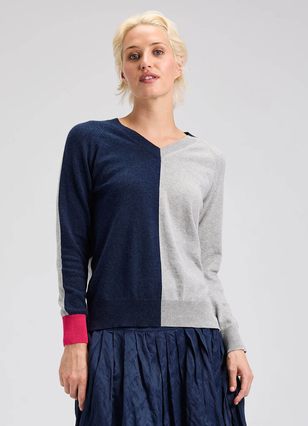 ZAKET & PLOVER V-neck denim sweater, featuring a stylish split design, soft knit fabric, and classic fit on a mannequin.