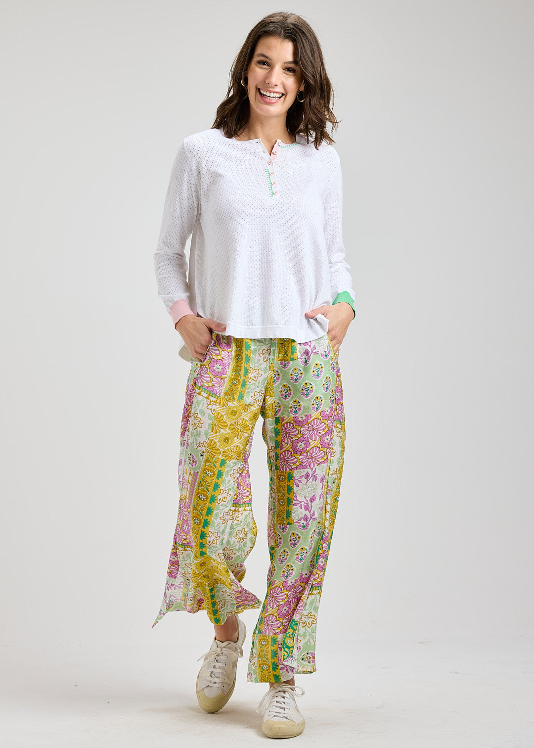 Woman Zaket & Plover Shirt Tails white long-sleeve top and colorful