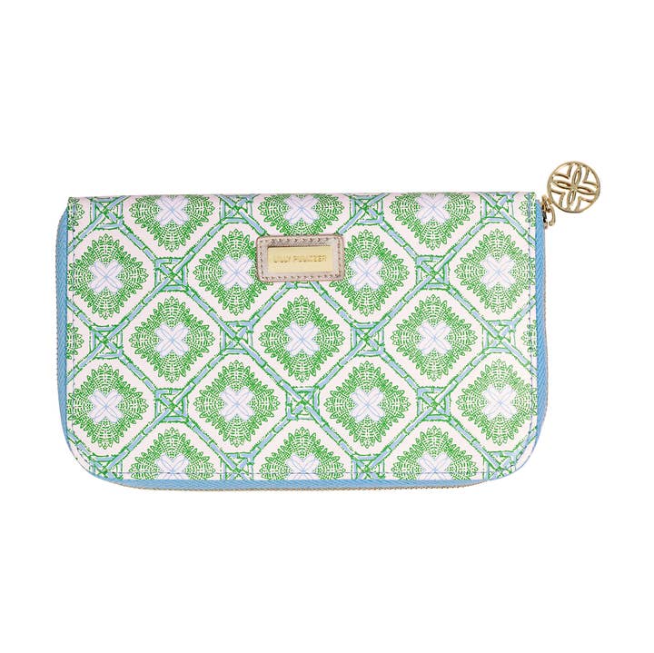 Lilly Pulitzer Travel Wallet with bamboo logo trellis design, featuring multiple card slots and a secure zip closure.