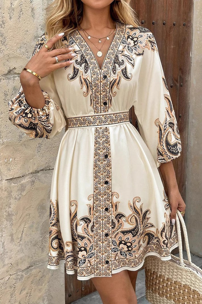 Cloister Collec | Printed V-neck Lace Up Dress