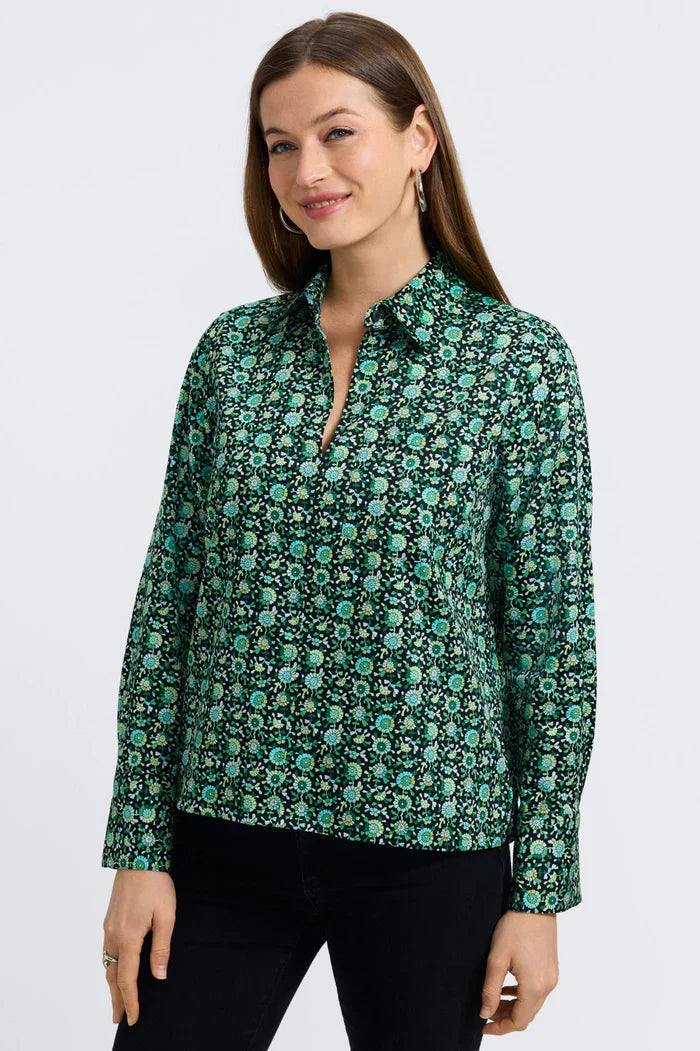 FOXCROFT Bella LS Top, long-sleeve casual blouse in soft fabric, shown in light color with relaxed fit and simple neckline.