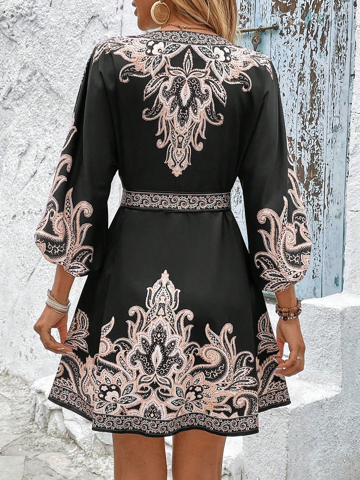 Cloister Collec | Printed V-neck Lace Up Dress