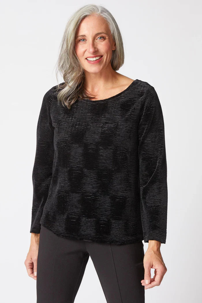 Black crinkle velvet boatneck top by HABITAT, showcasing soft fabric and classic boatneck style in a stylish, fitted design.