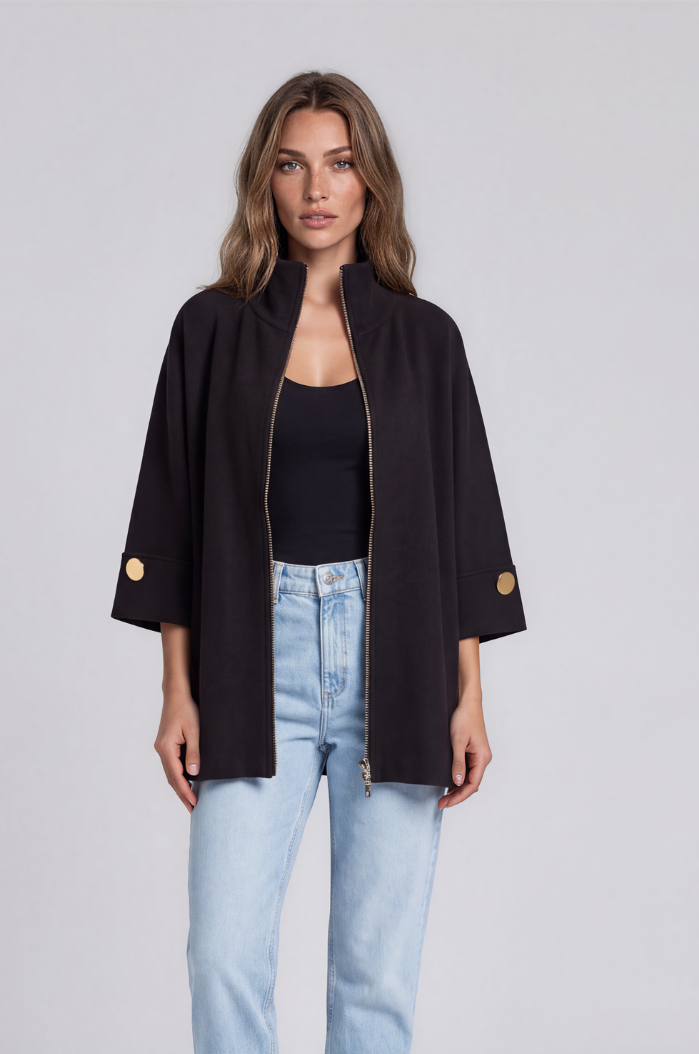 black Crystal Trim Zip-Up Jacket