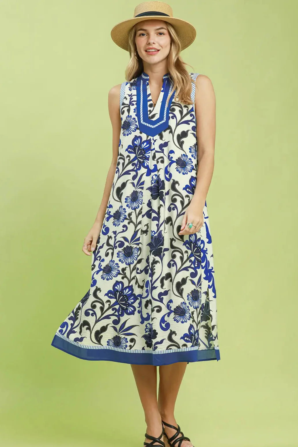 blue Floral Scroll Sleeveless Midi Dress