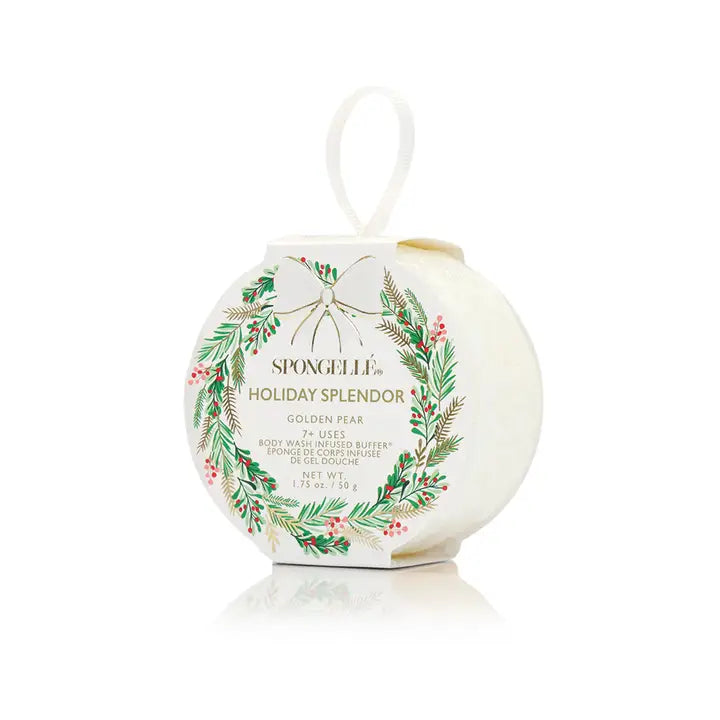 Spongelle Holiday Splendor body buffer product with festive design in golden pear on a white background
