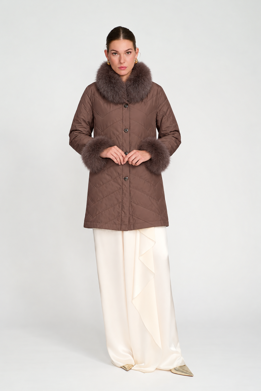 chocolate brown fur Reversible Silk to Fox Three Quarter Jacket 1