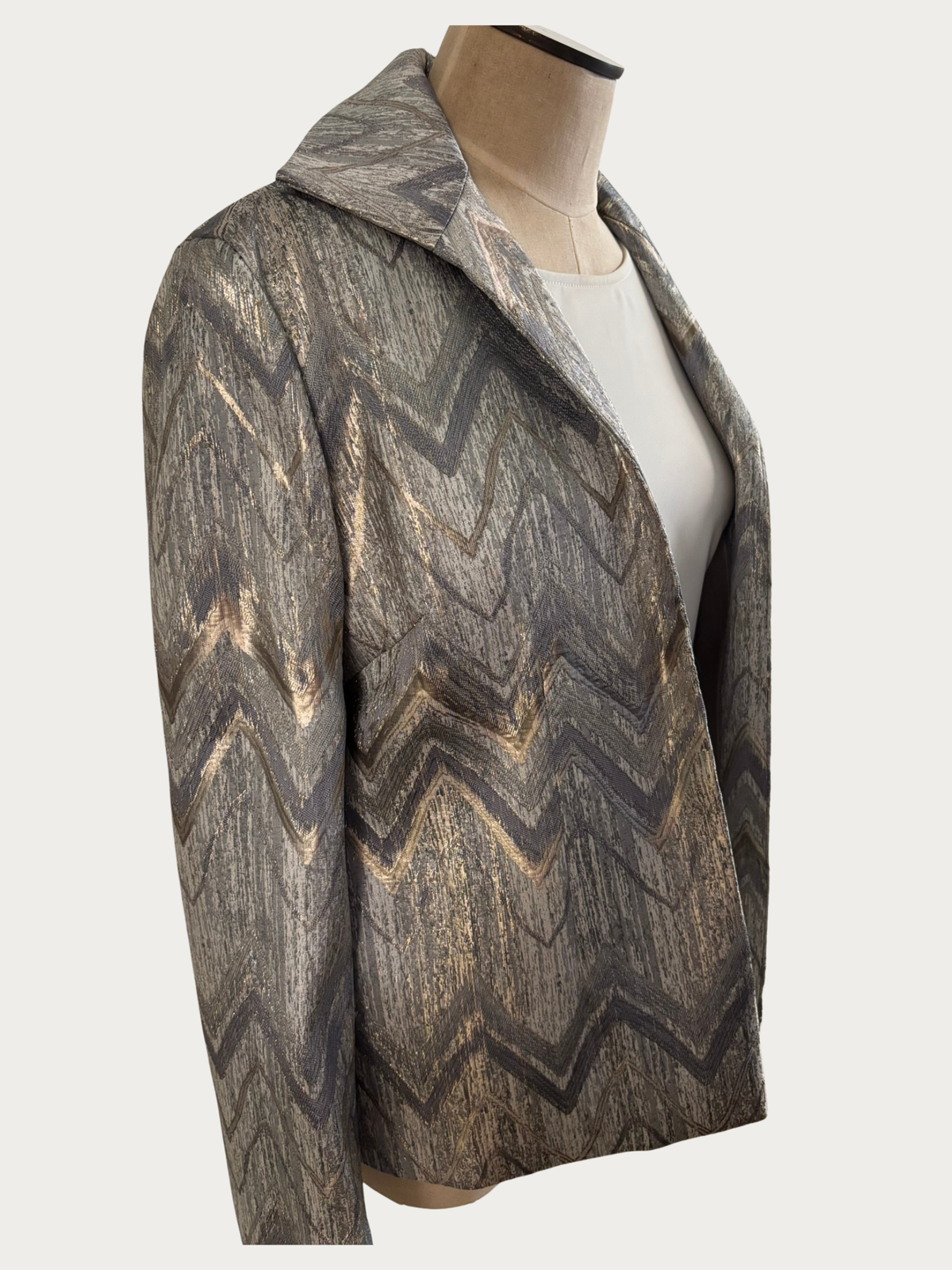 Grace Chuang Chevron Silver and Gold Jacket showcasing a formal design with sleek silver and gold chevron patterns.