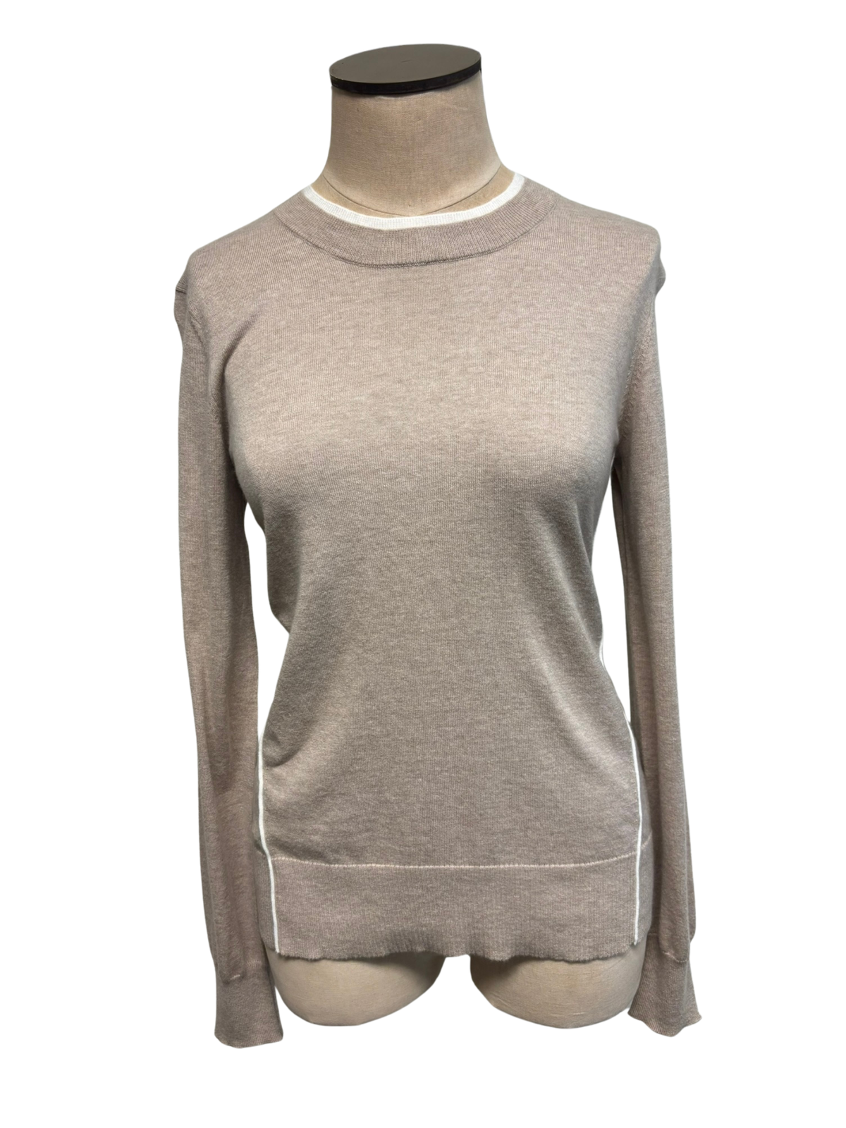 Front view of PUREAMICI crew neck sweater showing a classic knit design in neutral color.