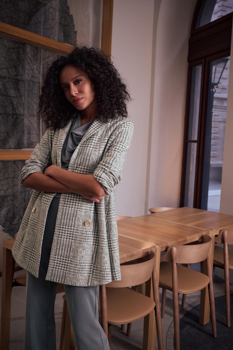 Joseph Ribkoff Jacquard Plaid A-Line Coat, stylish jacket with a plaid design and tailored A-line silhouette, front view.