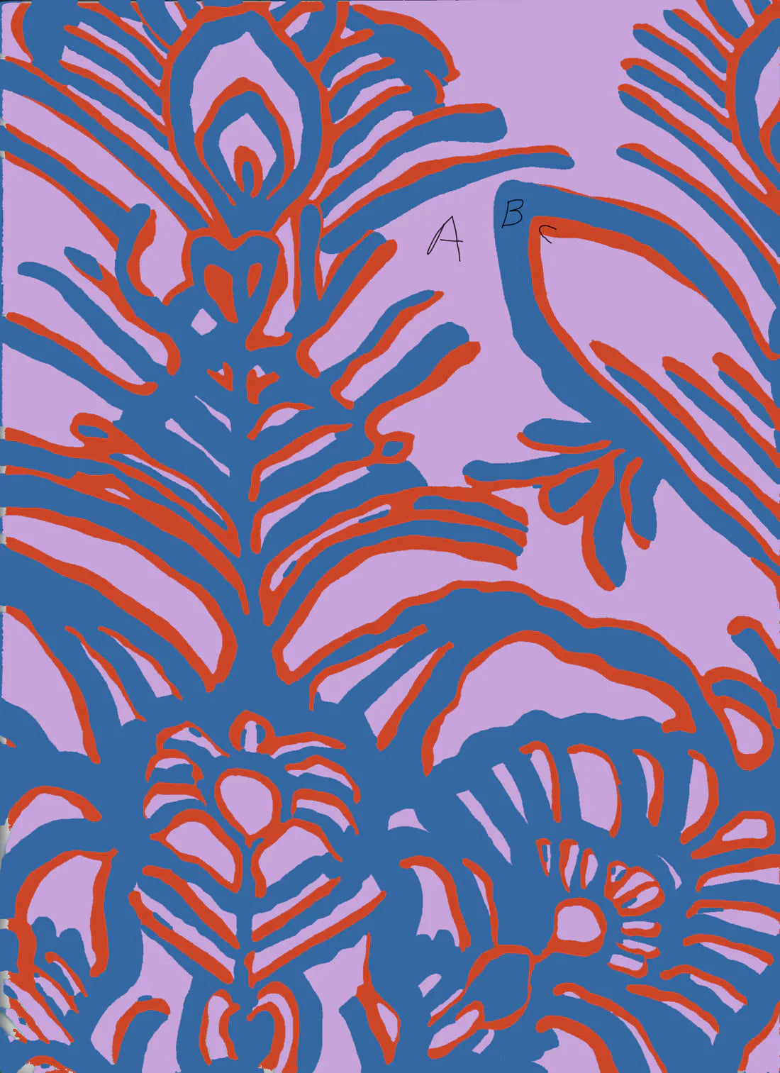 Abstract pattern with blue and red shapes on a purple background