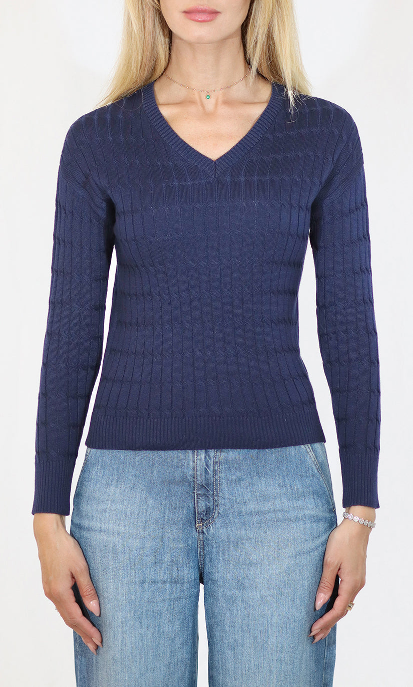Navy V-neck cable knit sweater by METRIC, long-sleeve tops with textured cable pattern, cozy and stylish for casual wear.